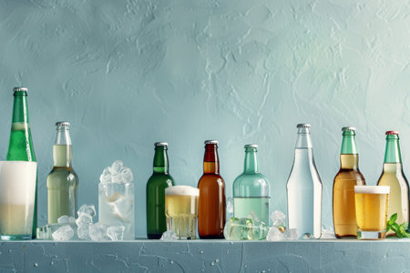 Chilled beer and refreshing drinks display for home party ads, ideal for text placementの写真素材