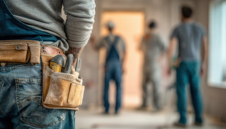 Focused view of a rugged tool belt strapped around a worker?s waist amid a busy construction site, with team members actively working in the backgrounの写真素材