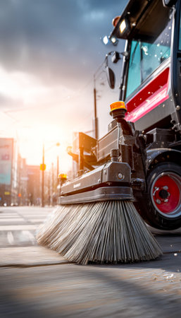 A large street sweeper moves efficiently across the urban pavement, glowing under a warm sunset sky, highlighting cleanliness and city maintenance.の写真素材