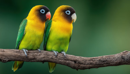 Vibrant parakeets sit closely on a branch, their bright feathers contrasting against a soft, leafy green backdrop, evoking harmony and nature's cheerfの写真素材