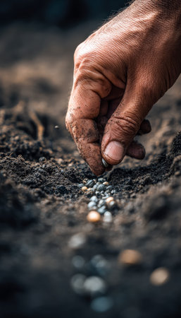 A detailed shot of a gardener's hand gently placing tiny seeds into rich, dark earth, evoking...