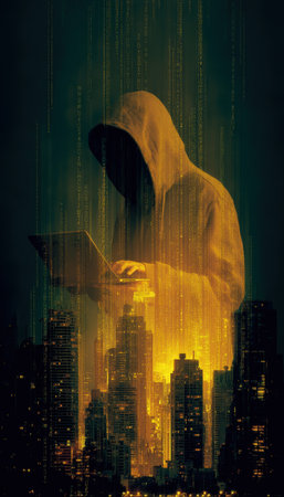 A shadowed figure in a hoodie intently works on a laptop amid a bustling cityscape, overlaid with flowing digital symbols evoking cyber intrigue.の写真素材