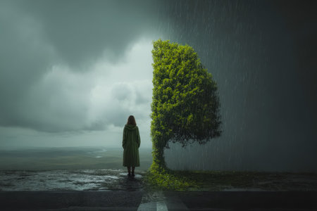 A solitary figure confronts turbulent clouds behind a lush tree, embodying the tension between turmoil and renewal in a striking natural scene.の写真素材