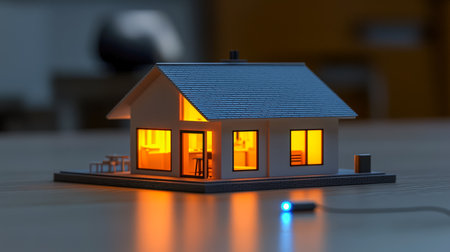 A sleek, contemporary scaled-down home with warm interior glow, resting on a table, perfect for showcasing architectural design and interior lighting.の写真素材