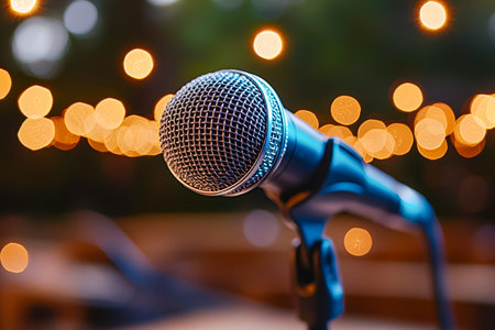 An intricate microphone captures attention amid a soft glow of amber bokeh lights, evoking a warm mood suitable for recording, broadcasting, or podcasの写真素材