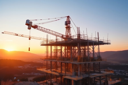 Building construction in progress. construction crane erecting an unfinished tall structureの写真素材