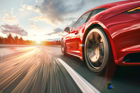 Red business car speeding on high-speed highway in sunny day, motion speed, digital ai