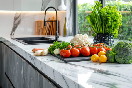 Modern kitchen with marble countertop and fresh produce, encouraging healthy living