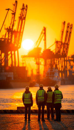 Diverse team of workers in reflective gear analyzing maritime operations against a vibrant sunset backdrop at a bustling industrial dock.の写真素材