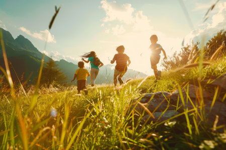 Kids leading family on sunny hiking adventure, running ahead excitedly through scenic nature trailsの写真素材