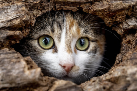 A vibrant calico feline explores an outdoor setting, peering inquisitively from within a tree cavity, capturing a moment of playful curiosity.の写真素材