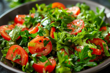 Delicious spring salad with fresh herbs and ripe tomatoes, ideal for a healthy and balanced dietの写真素材