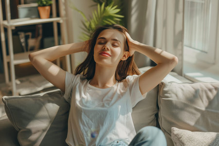 Tranquil woman resting on sofa in modern living room, embracing relaxation and wellbeingの写真素材