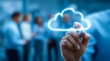 A professional hand sketches a luminous cloud symbol on a glass board while colleagues collaborated in a sleek, high-tech office setting.の写真素材