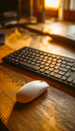 A sleek keyboard and mouse rest on a warm wooden surface, surrounded by soft lighting, creating a welcoming workspace ideal for productivity at home.の写真素材