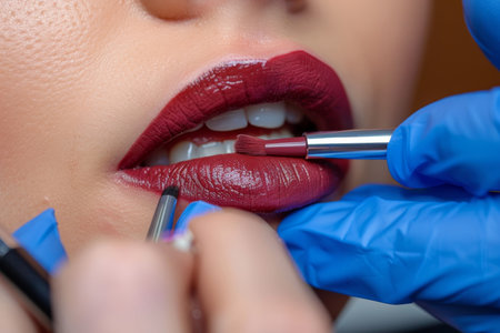 Close up of young woman getting permanent lip tattoo at healthy spa in high quality imageの写真素材
