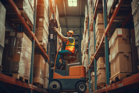 Uniformed warehouse worker operating forklift to load cardboard boxes in generative setting