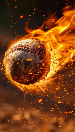 Intense moment as fast baseball pitch with fiery trail hurts towards batter in high speed actionの写真素材
