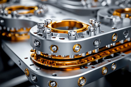Detailed view of a luxurious watch mechanism showing polished metal gears, shimmering gold...