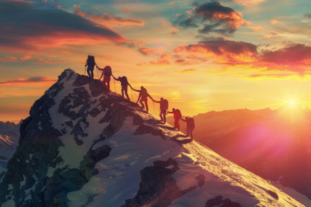 Diverse team supports each other to reach mountain peak at stunning sunset landscapeの写真素材