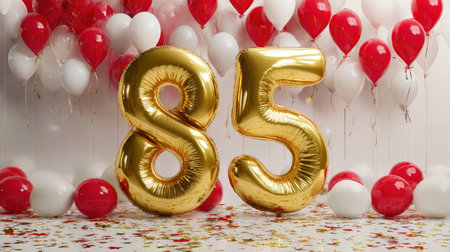 Bright scene with large shimmering gold '85' balloons amid vibrant red and white inflatables, sprinkled with colorful confetti for a joyful milestoneの写真素材