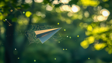 A crisp paper aircraft soaring over sunlit trees amid a delicate web motif and shimmering particles, evoking a sense of adventure and intricate connecの写真素材