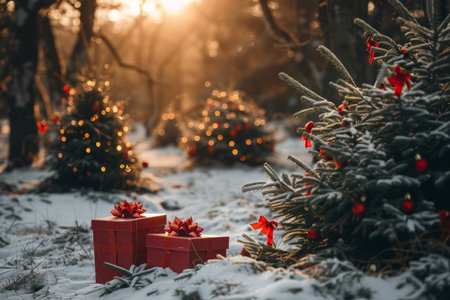 Festive christmas trees adorned with red garlands in snowy forest at sunrise near red gift boxesの写真素材