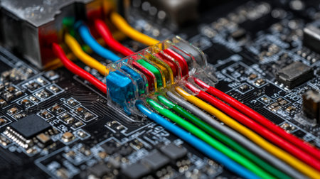 Vibrant wiring links intricate circuitry on a motherboard, highlighting vibrant electronic parts and...