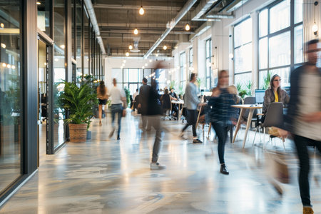 Vibrant office setting with dynamic blurred motion of people in modern workspaceの写真素材
