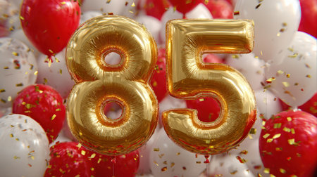 Golden numerical balloons marking a significant achievement, complemented by romantic red and white heart-shaped balloons and colorful confetti for aの写真素材