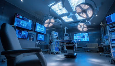 A sleek, state-of-the-art surgical suite featuring cutting-edge devices and large digital screens, set in a sterile, bright medical environment.の写真素材
