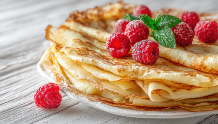Fluffy golden crepes adorned with vibrant raspberries and fragrant mint leaves, set on weathered white wood for a cozy, French-inspired breakfast vibeの写真素材