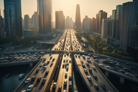 Busy urban traffic. aerial view of city road with crowd of cars in metropolisの写真素材