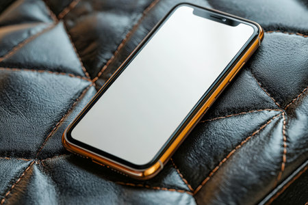 A sleek smartphone with an unilluminated display lies on a textured black leather backdrop, evoking sophistication and modernity for technology or fasの写真素材