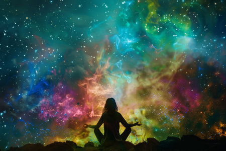 Cosmic unity female yoga figure with chakras symbols, symbolizing connection with universeの写真素材