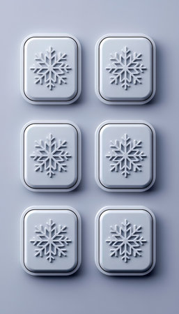 A neat arrangement of six frosted glass buttons featuring snowflake symbols, set against a soft blue backdrop, evoking a cool, modern aesthetic.の写真素材
