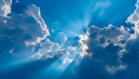 Warm sunlight pierces thick, swirling clouds, casting dramatic beams against a pristine blue sky, evoking peace and awe-inspiring nature scenes.の写真素材