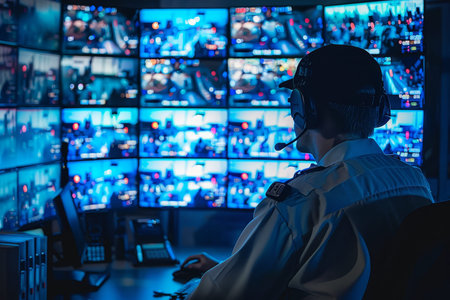 Security guard monitoring video surveillance system. Safeguard watching security camerasの写真素材