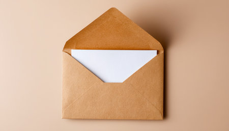 An unsealed kraft envelope reveals a pristine white note nestled inside, set against a warm beige surface, evoking a sense of personal correspondence.の写真素材