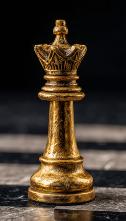 A shiny gold chess king stands prominently on a smooth marble slab, evoking elegance and strategic dominance against a deep, shadowy backdrop.の写真素材