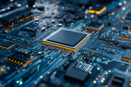 Macro shot of a sleek microchip embedded in a vibrant circuit board illuminated by pulsating,...