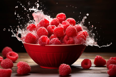 Capturing the beauty. a ripe raspberry cascading gracefully into a bowl, perfect momentの写真素材