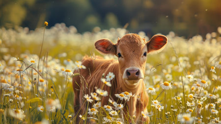 Young calf grazing in sunny daisy field on a farm, high quality image capturing animal harmonyの写真素材
