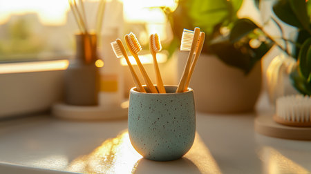 Natural bamboo toothbrushes rest in a sleek ceramic holder, basking in sunlight amid vibrant foliage, evoking freshness and sustainable living.の写真素材