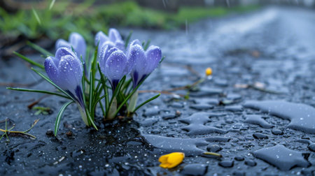 Vibrant blue crocuses in raindrop tracks under the sun on a beautiful spring dayの写真素材