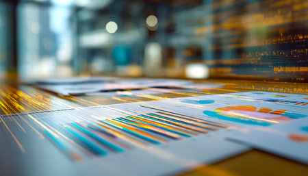 Array of colorful graphs, spreadsheets, and reports spread across a sleek desk, conveying analysis and strategic planning in a contemporary workspaceの写真素材