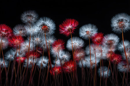 Vibrant dandelion seed heads glow with rich hues, casting intricate shadows on a deep backdrop, evoking delicate beauty and quiet wonder.の写真素材
