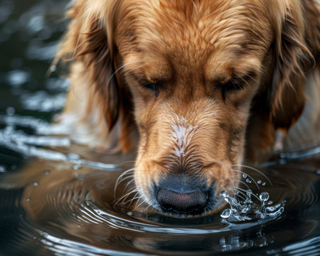 Detailed high quality close up of golden retriever drinking water, capturing the dog in actionの写真素材