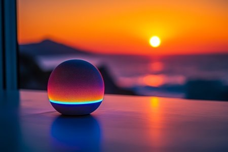 A sleek voice-activated device flickers with vibrant LEDs, casting a cozy glow as the sun dips below the horizon over tranquil sea waves.の写真素材