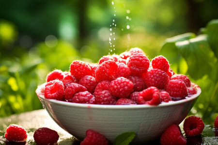 Fresh red raspberry gently dropping into a glass bowl, close-up capture of a fleeting momentの写真素材